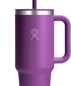 Hydro Flask Travel Tumbler with Handle, Lid and Straw - Insulated Stainless Steel in 40 Oz Beachplum Purple